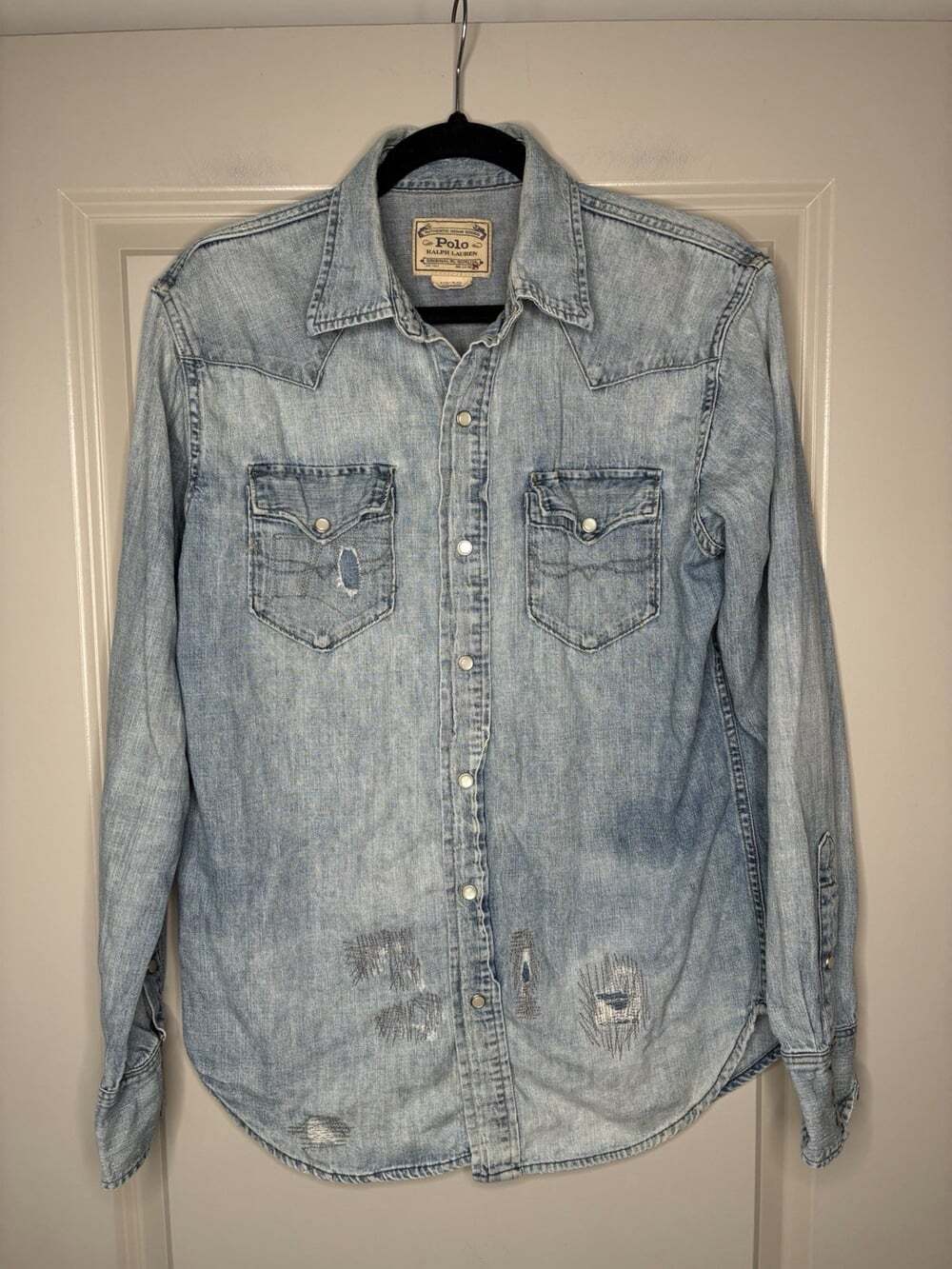 Polo Ralph Lauren Distressed Patchwork Denim Western Shirt in Blue Size Small